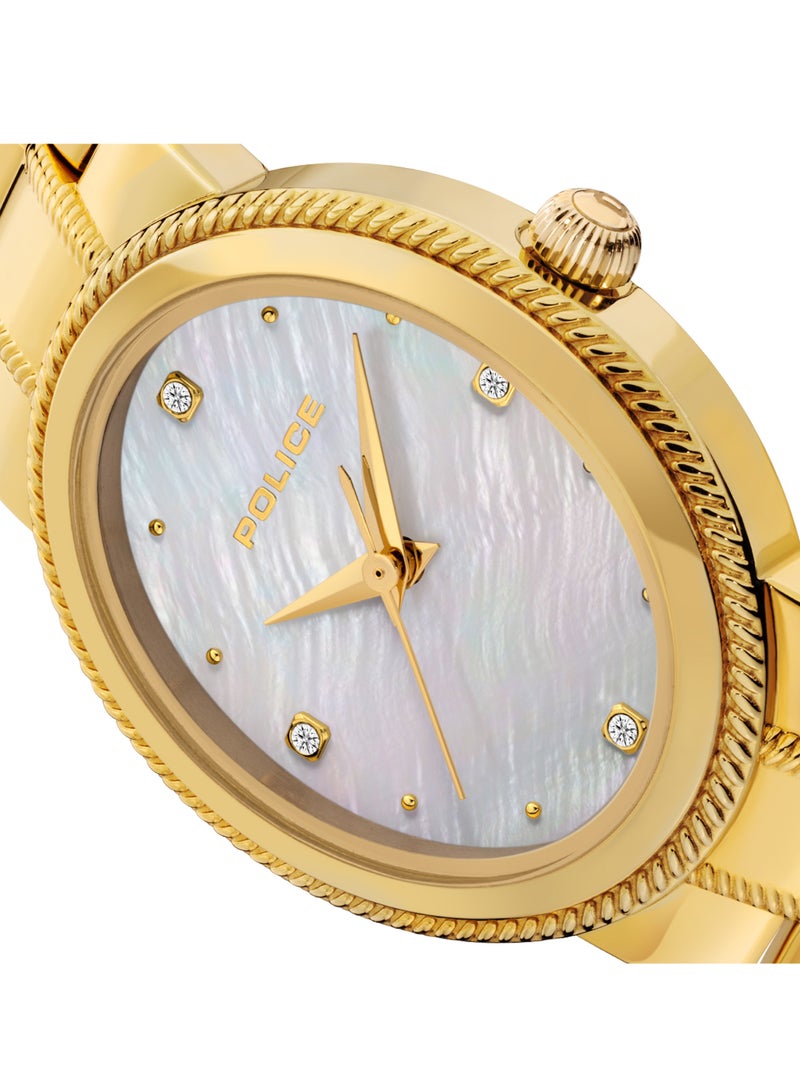 Women's MEA-L03 White Mother-of-Pearl Dial with Yellow Gold Plated Plated Stainless Steel Bracelet Watch