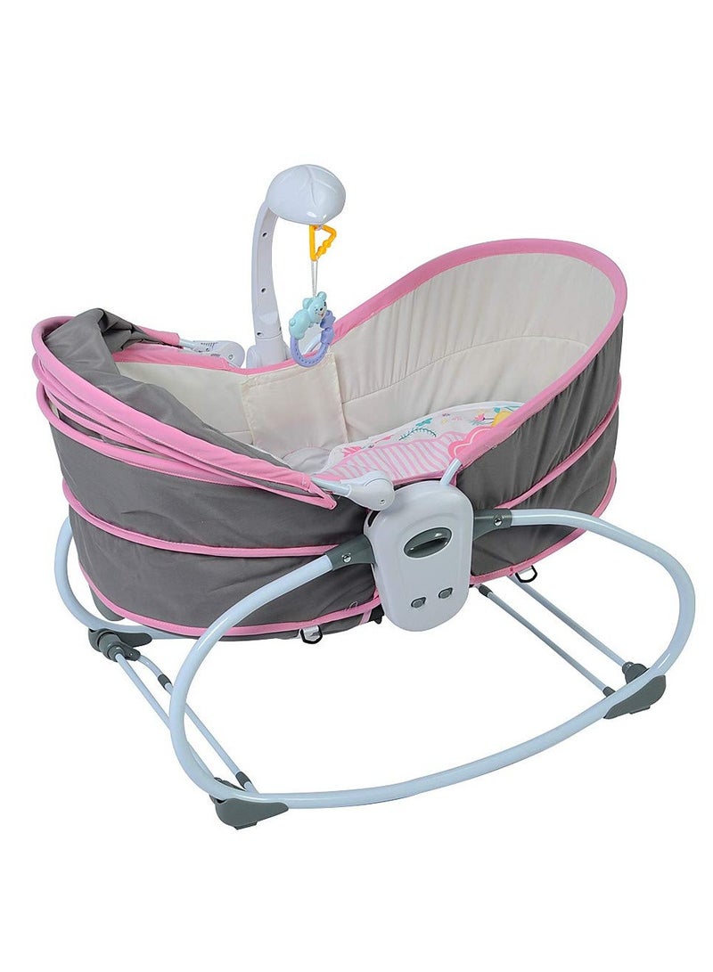 Portable 5-in-1 Rocker Bassinet: Pink-Grey Baby Cradle Swing with Detachable Canopy, Music Toys, Vibration. Newborn Gliding Bassinet doubles as Rocking Infant Crib Sleeping Chair for Travel