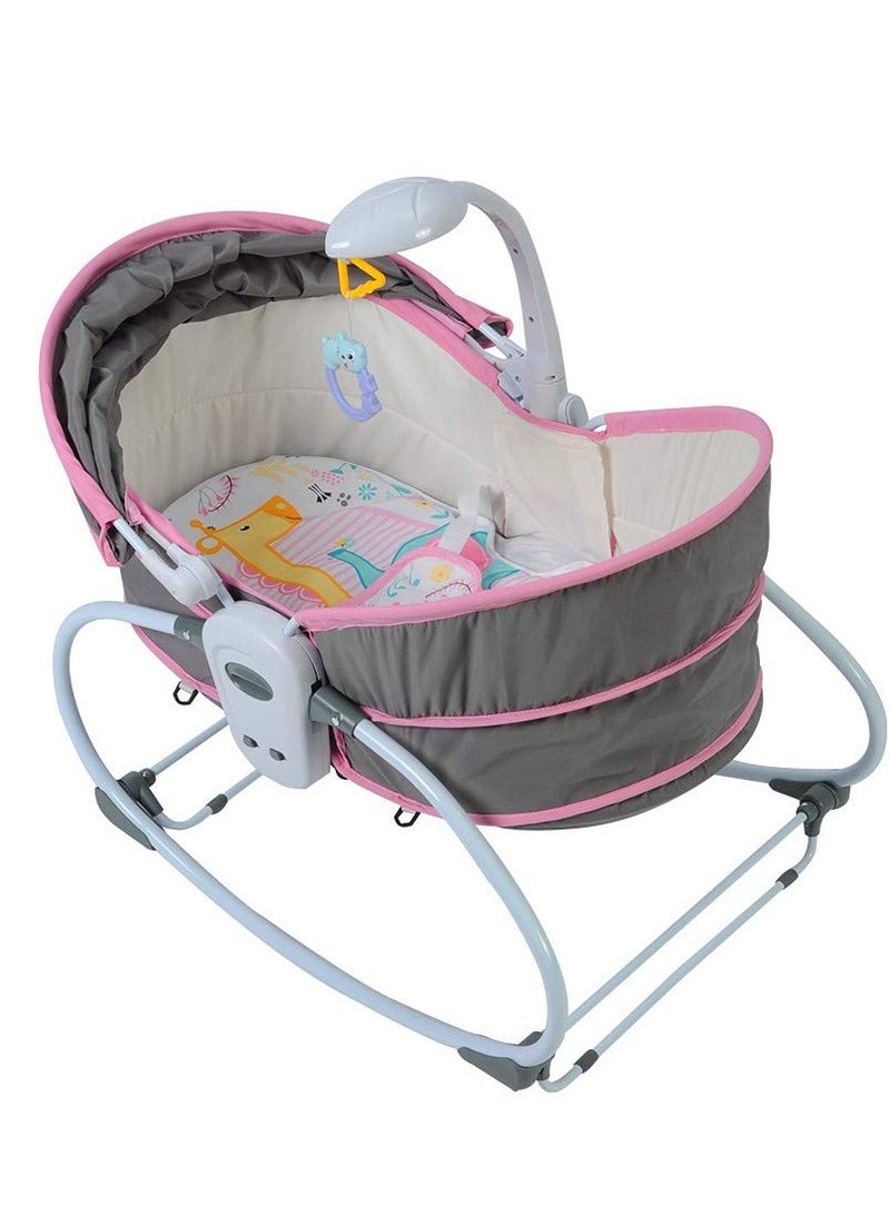 Portable 5-in-1 Rocker Bassinet: Pink-Grey Baby Cradle Swing with Detachable Canopy, Music Toys, Vibration. Newborn Gliding Bassinet doubles as Rocking Infant Crib Sleeping Chair for Travel