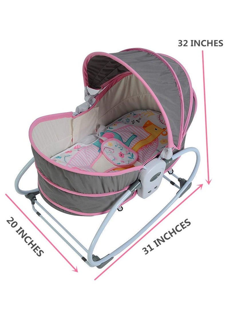 Portable 5-in-1 Rocker Bassinet: Pink-Grey Baby Cradle Swing with Detachable Canopy, Music Toys, Vibration. Newborn Gliding Bassinet doubles as Rocking Infant Crib Sleeping Chair for Travel