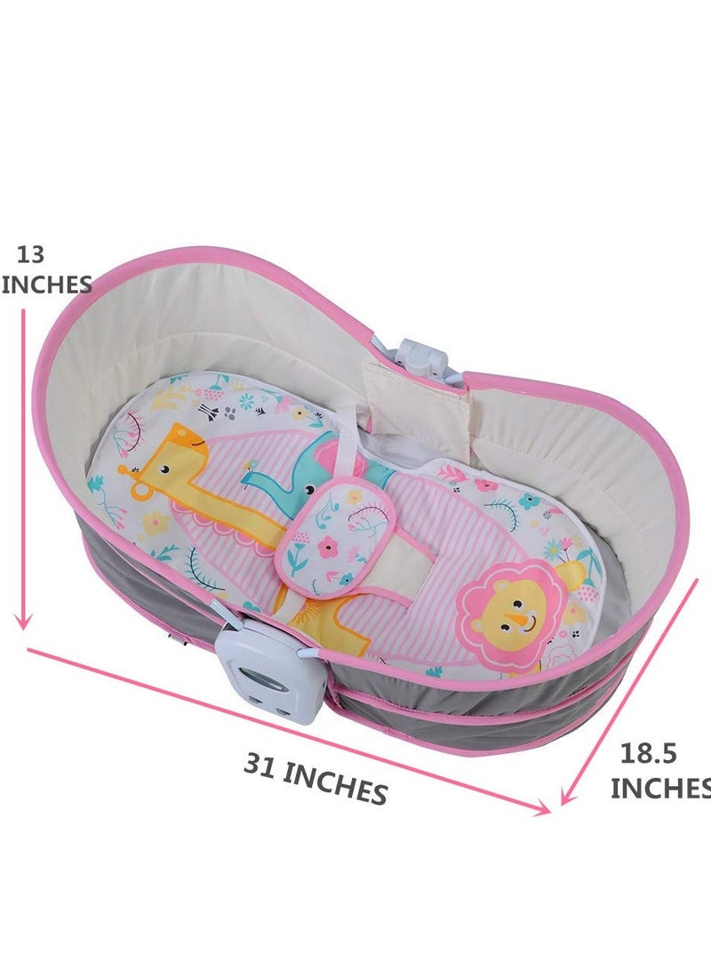 Portable 5-in-1 Rocker Bassinet: Pink-Grey Baby Cradle Swing with Detachable Canopy, Music Toys, Vibration. Newborn Gliding Bassinet doubles as Rocking Infant Crib Sleeping Chair for Travel