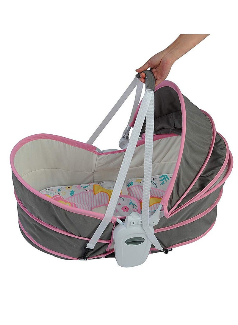 Portable 5-in-1 Rocker Bassinet: Pink-Grey Baby Cradle Swing with Detachable Canopy, Music Toys, Vibration. Newborn Gliding Bassinet doubles as Rocking Infant Crib Sleeping Chair for Travel