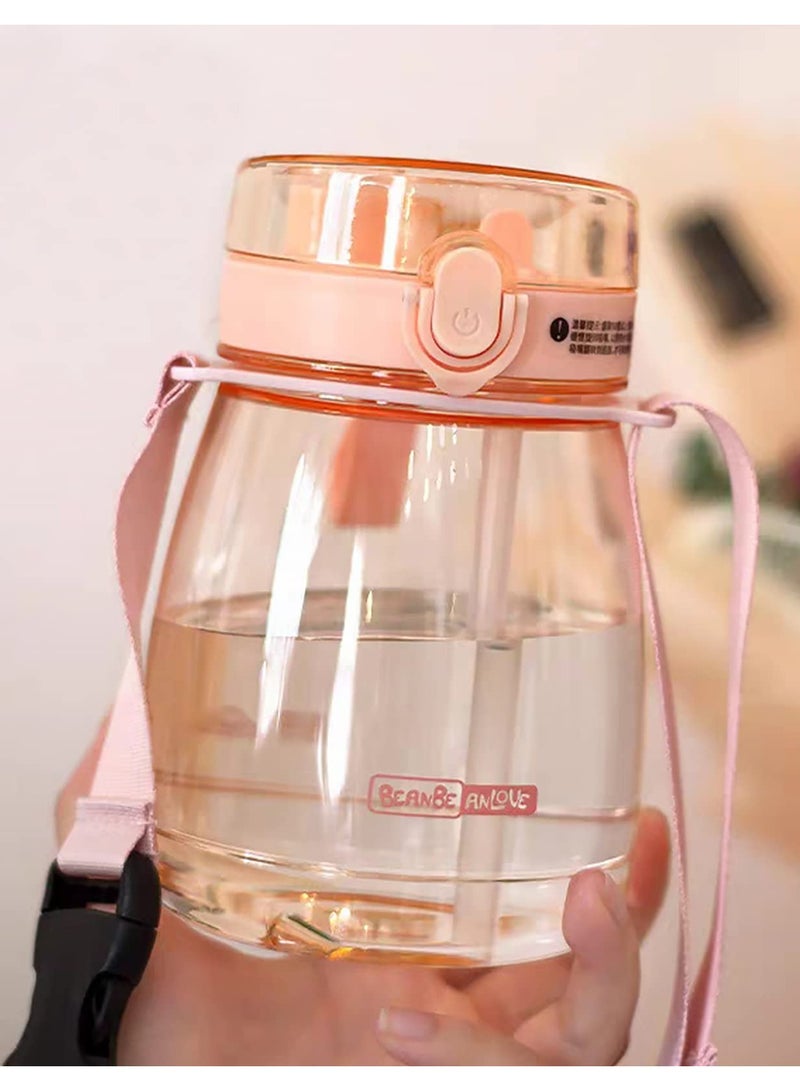 Children's Cute Water Bottle with Straw & Strap - Anti-Falling, Portable, Big Belly, Large Capacity Jug - Pink, Ideal for Outdoor, Camping, School - Includes Random Stickers - Kids' Water Bottles