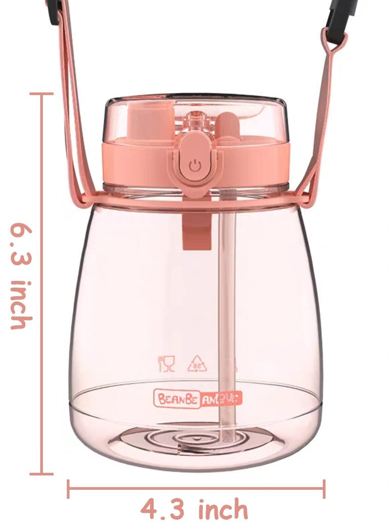 Children's Cute Water Bottle with Straw & Strap - Anti-Falling, Portable, Big Belly, Large Capacity Jug - Pink, Ideal for Outdoor, Camping, School - Includes Random Stickers - Kids' Water Bottles