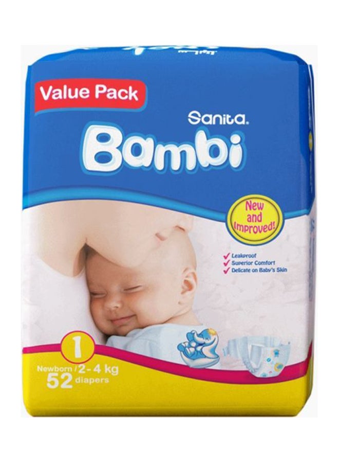 Sanita Newborn Baby Diapers, Value Pack, Size 1(2-4 Kg), 52 Count