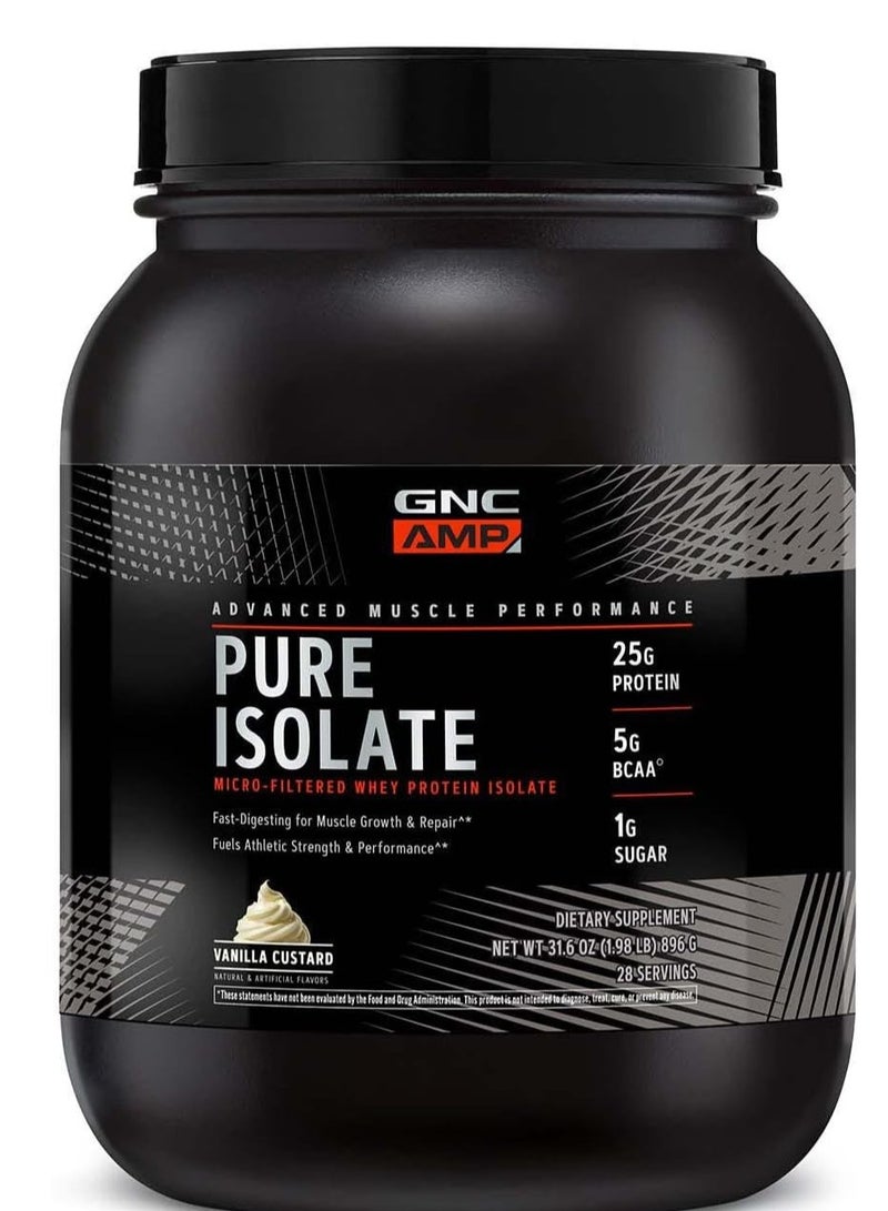 GNC AMP Pure Isolate | Fuels Athletic Strength, Performance and Muscle Growth | Fast Absorbing | 25g Whey Protein Iso with 5g BCAA | Vanilla Custard | 28 Servings