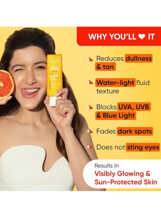 Vitamin C + E Super Bright Sunscreen Spf 50|Water-Light,UVA/UVB & Blue Light Protection|For Even Toned & Glowing Skin|With Liquid Spf 50+++|No White Cast,|For All Skin Types|50G,Pack Of 1