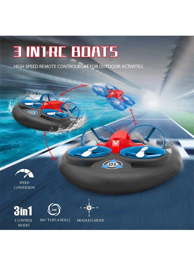 3 in 1 Water Land and Air RC Boat Toys for Boys, 2.4 GHz High Speed Remote Control Boat, Kids Drone 360° Spin and Flip, RC-Hovercrafts Pool Toys for Kids Toys for 8-12 Years Old Boys