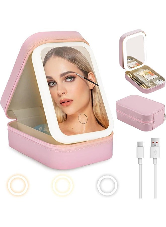 Travel Makeup Jewelry Case with LED Mirror, Small Makeup Bag with Lighted Mirror, Three-Color Adjustable Makeup Mirror Storage Box, Portable Organizer Vanity Case for Women Beauty Tools