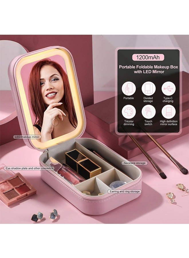 Travel Makeup Jewelry Case with LED Mirror, Small Makeup Bag with Lighted Mirror, Three-Color Adjustable Makeup Mirror Storage Box, Portable Organizer Vanity Case for Women Beauty Tools