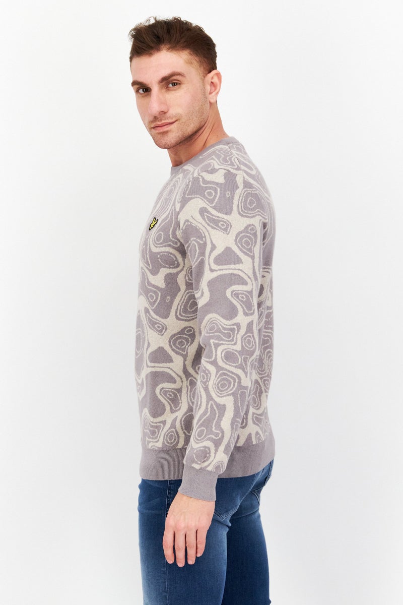 Men Crew Neck Abstract Knitted Sweater, Dust Grey Combo