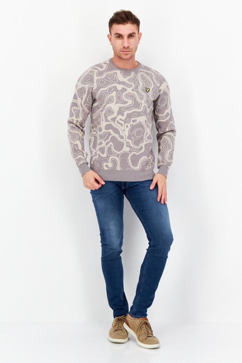 Men Crew Neck Abstract Knitted Sweater, Dust Grey Combo