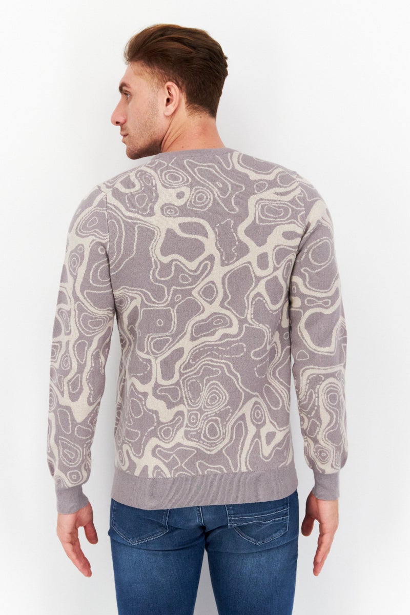 Men Crew Neck Abstract Knitted Sweater, Dust Grey Combo