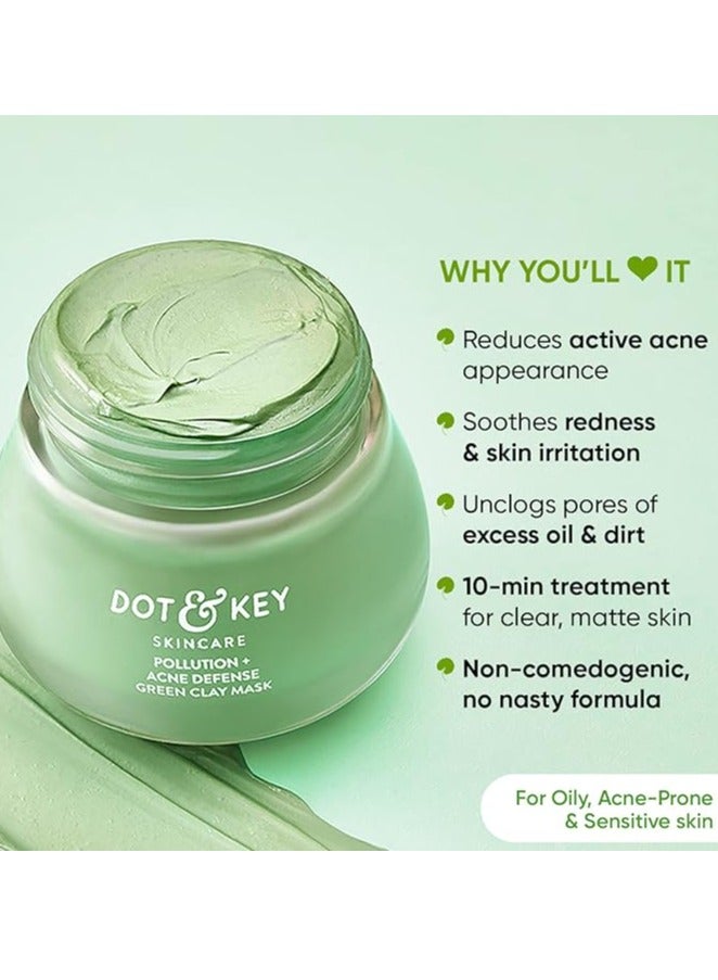 Dot & Key Skin Care Pollution + Acne Defense Green Clay Mask | Clay Mask for Face with Salicylic & Matcha Tea | Reduces Active Acne, Soothes Redness | For Dark Spots, Oily, Acne Prone Skin | 85g