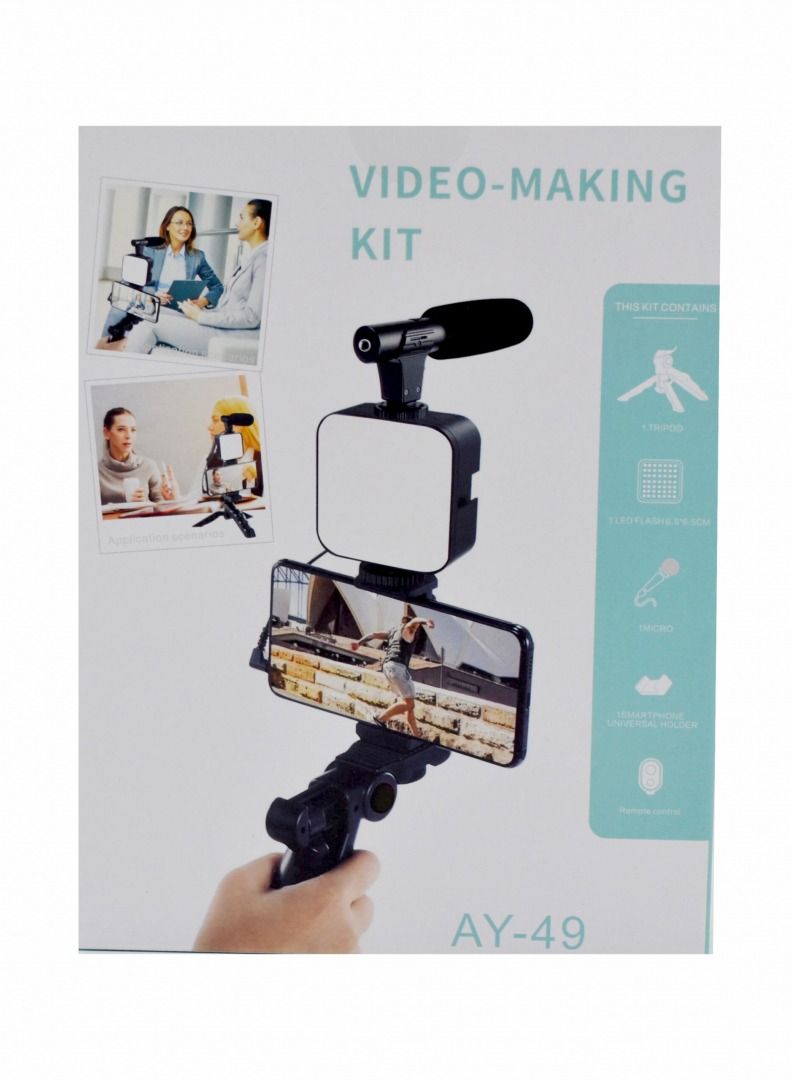 AY-49 Video Vlog Kit Accessories: Phone Tripod, Phone Mount, LED Light And Shotgun Microphone