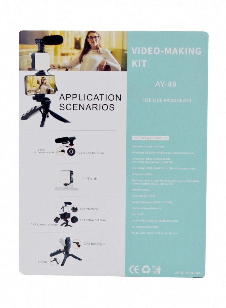 AY-49 Video Vlog Kit Accessories: Phone Tripod, Phone Mount, LED Light And Shotgun Microphone