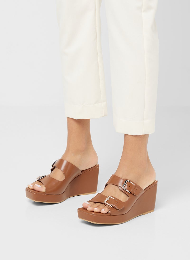 Buckle Detail Double Strap Wedge Sandal