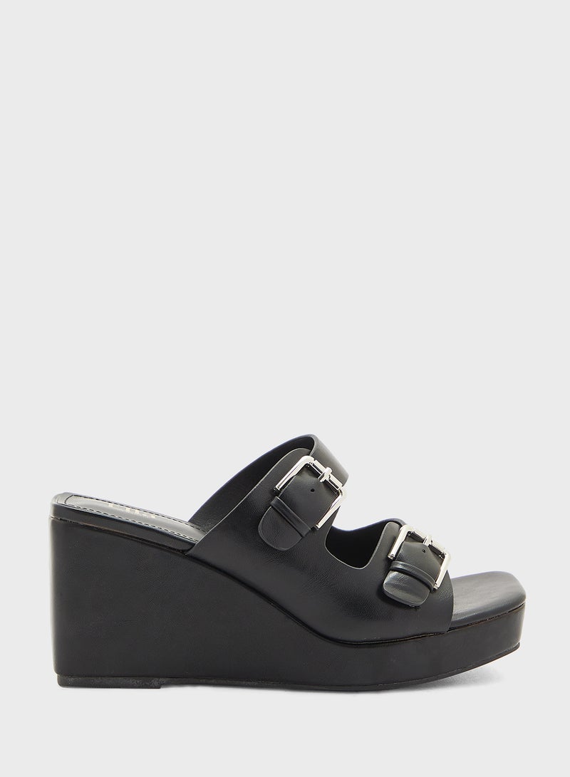 Buckle Detail Double Strap Wedge Sandal