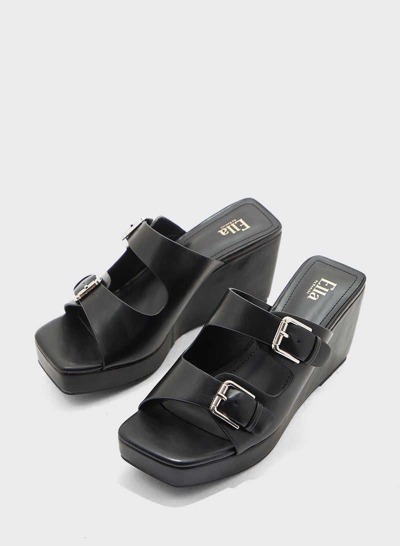 Buckle Detail Double Strap Wedge Sandal