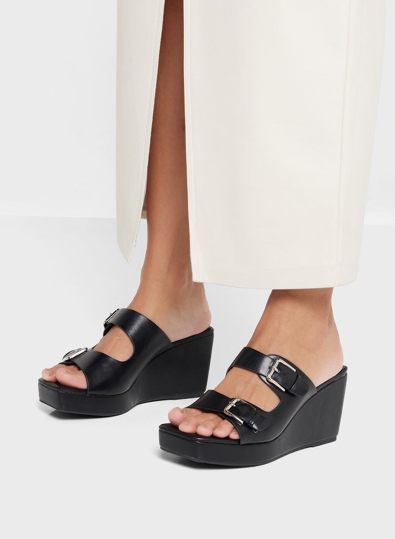 Buckle Detail Double Strap Wedge Sandal