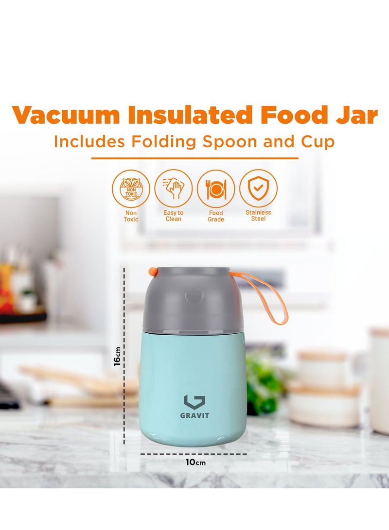 Insulated Food Jar Lunch Box 450ml - Stainless Steel Thermos with Folding Spoon, Keeps Food Hot/Cold, Leak-Proof, Ideal for Baby Food, School Lunches, Office Meals (Blue)