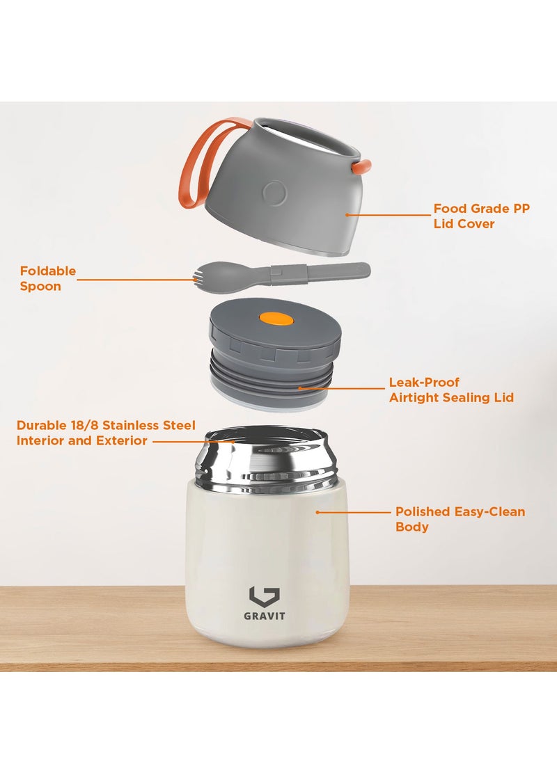 Insulated Food Jar Lunch Box 450ml - Stainless Steel Thermos with Folding Spoon, Keeps Food Hot/Cold, Leak-Proof, Ideal for Baby Food, School Lunches, Office Meals (Cream)