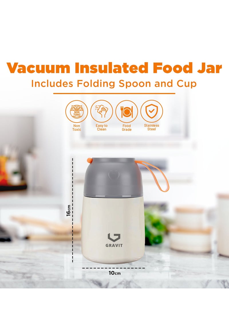 Insulated Food Jar Lunch Box 450ml - Stainless Steel Thermos with Folding Spoon, Keeps Food Hot/Cold, Leak-Proof, Ideal for Baby Food, School Lunches, Office Meals (Cream)