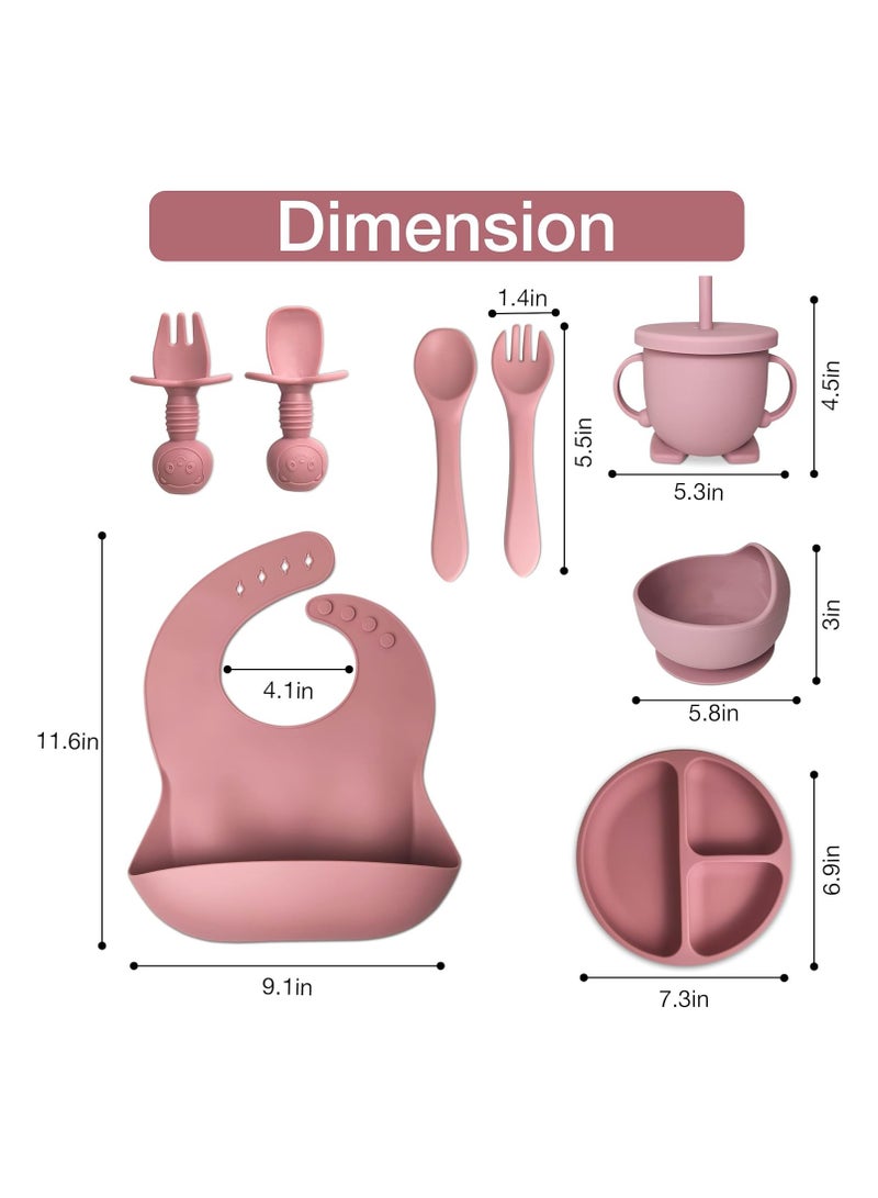 Baby Feeding Set 8-Piece | Baby Led Weaning Utensils Set Includes Suction Bowl and Plate, Baby Spoon and Fork, Sippy Cup with Straw and Lid | Baby Feeding Supplies Set (Peach Pink)