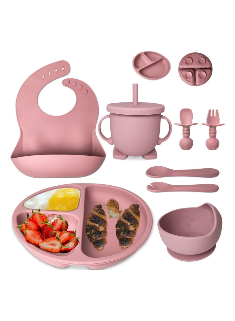 Baby Feeding Set 8-Piece | Baby Led Weaning Utensils Set Includes Suction Bowl and Plate, Baby Spoon and Fork, Sippy Cup with Straw and Lid | Baby Feeding Supplies Set (Peach Pink)