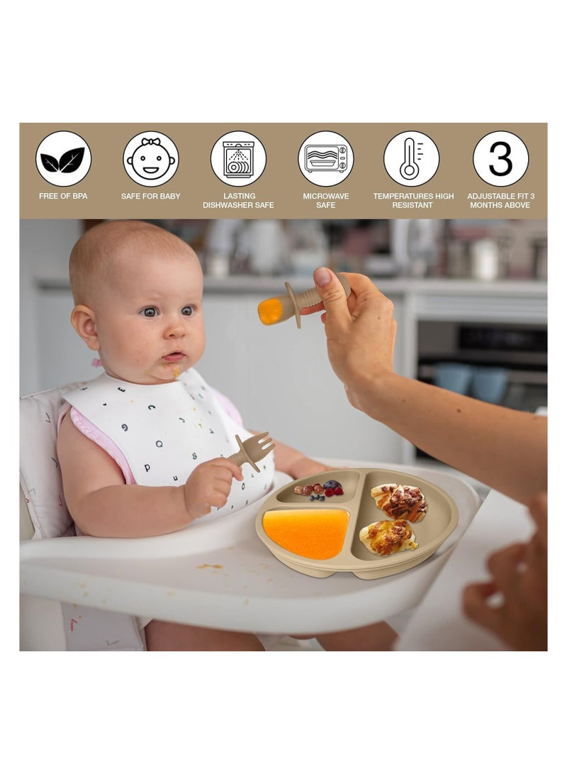 Baby Feeding Set 10-Piece | Baby Led Weaning Utensils Set Includes Suction Bowl and Plate, Baby Spoon and Fork, Sippy Cup with Straw and Lid | Baby Feeding Supplies Set (B-Beige)