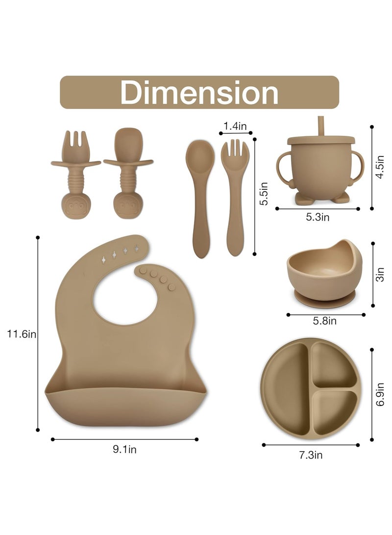 Baby Feeding Set 10-Piece | Baby Led Weaning Utensils Set Includes Suction Bowl and Plate, Baby Spoon and Fork, Sippy Cup with Straw and Lid | Baby Feeding Supplies Set (B-Beige)