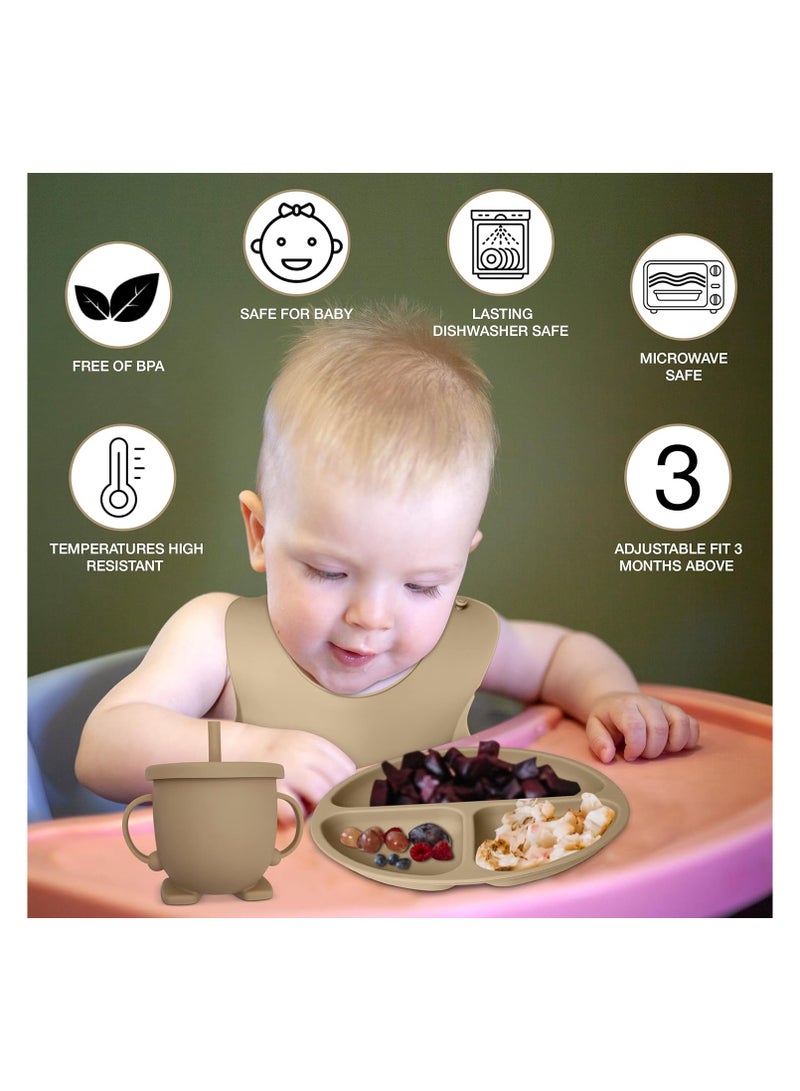 Baby Feeding Set 10-Piece | Baby Led Weaning Utensils Set Includes Suction Bowl and Plate, Baby Spoon and Fork, Sippy Cup with Straw and Lid | Baby Feeding Supplies Set (B-Beige)