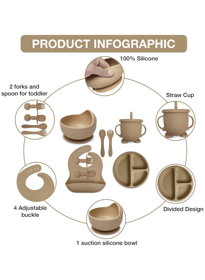 Baby Feeding Set 10-Piece | Baby Led Weaning Utensils Set Includes Suction Bowl and Plate, Baby Spoon and Fork, Sippy Cup with Straw and Lid | Baby Feeding Supplies Set (B-Beige)