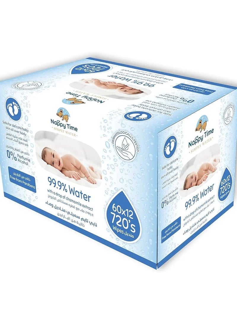 Nappy Time Baby Wipes: 99.9% Pure Water with Chamomile Extract—Fragrance-Free, Alcohol-Free, and Paraben-Free. Safe for Newborns. Pack of 8 Pouches + 4 Free x60 Sheets (720 Wipes Total)