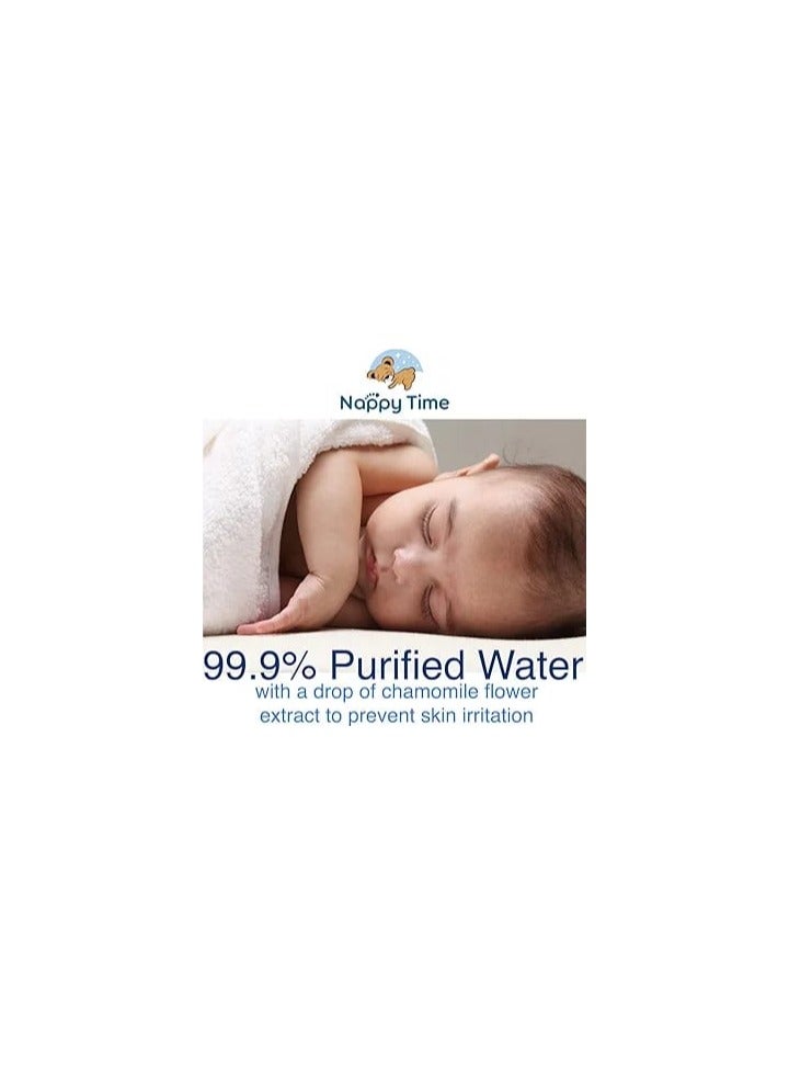 Nappy Time Baby Wipes: 99.9% Pure Water with Chamomile Extract—Fragrance-Free, Alcohol-Free, and Paraben-Free. Safe for Newborns. Pack of 8 Pouches + 4 Free x60 Sheets (720 Wipes Total)