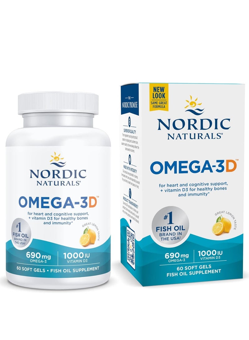 Omega 3D For Heart And Cognitive Support Plus Vitamin D3 For Healthy Bone And Immunity 690Mg Omega 3 1000 Iu Vitamin D3, 60 Softgel