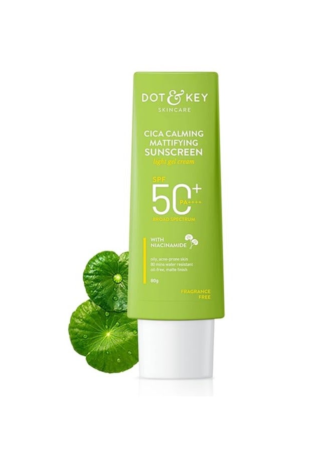 CICA Calming Mattifying Sunscreen SPF 50 PA++++ | For Oily Acne Prone & Sensitive Skin | UVA/UVB Protection | No White Cast, Ultra Light, Fragrance Free & Quick Absorbing | 80g