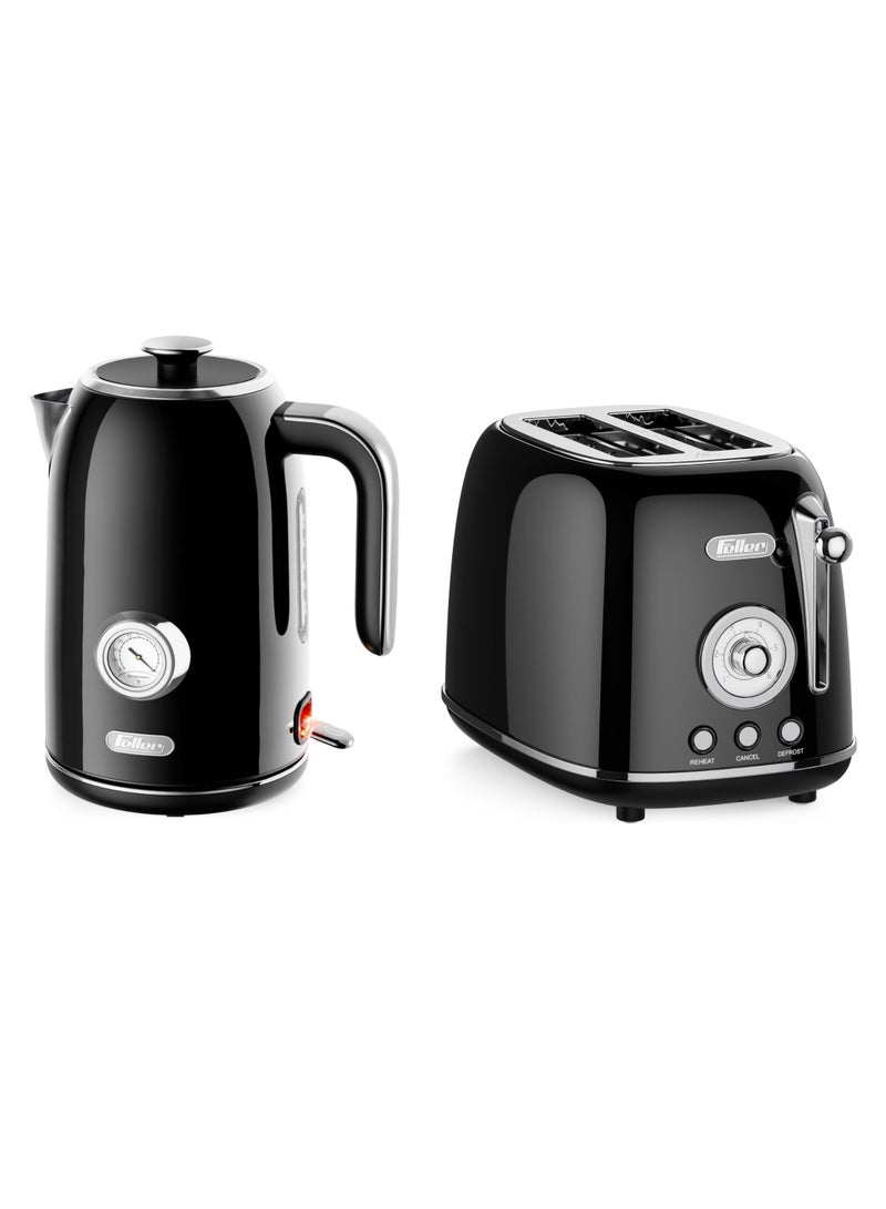 Germany Retro Combo: 2-Slice Steel Toaster with Dust Cover & Bun Warmer, 815W + 1.7L Stainless Steel Kettle with Thermometer, Strix Control, 2200W