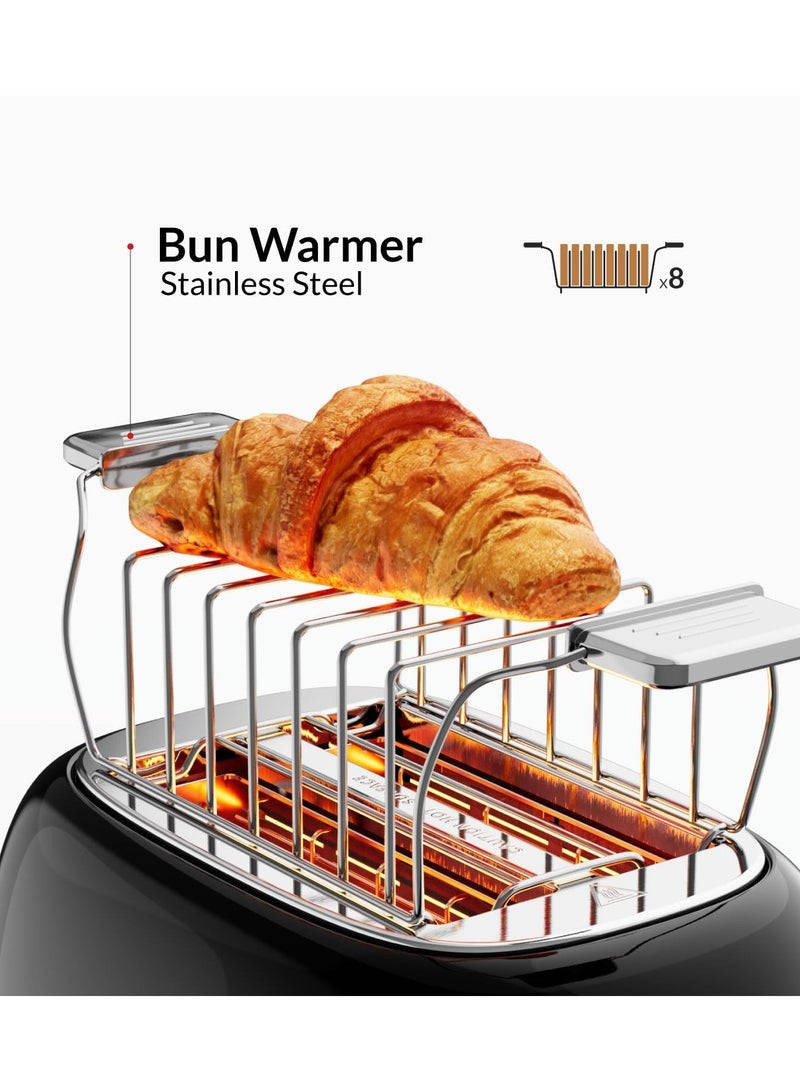 Germany Retro Combo: 2-Slice Steel Toaster with Dust Cover & Bun Warmer, 815W + 1.7L Stainless Steel Kettle with Thermometer, Strix Control, 2200W