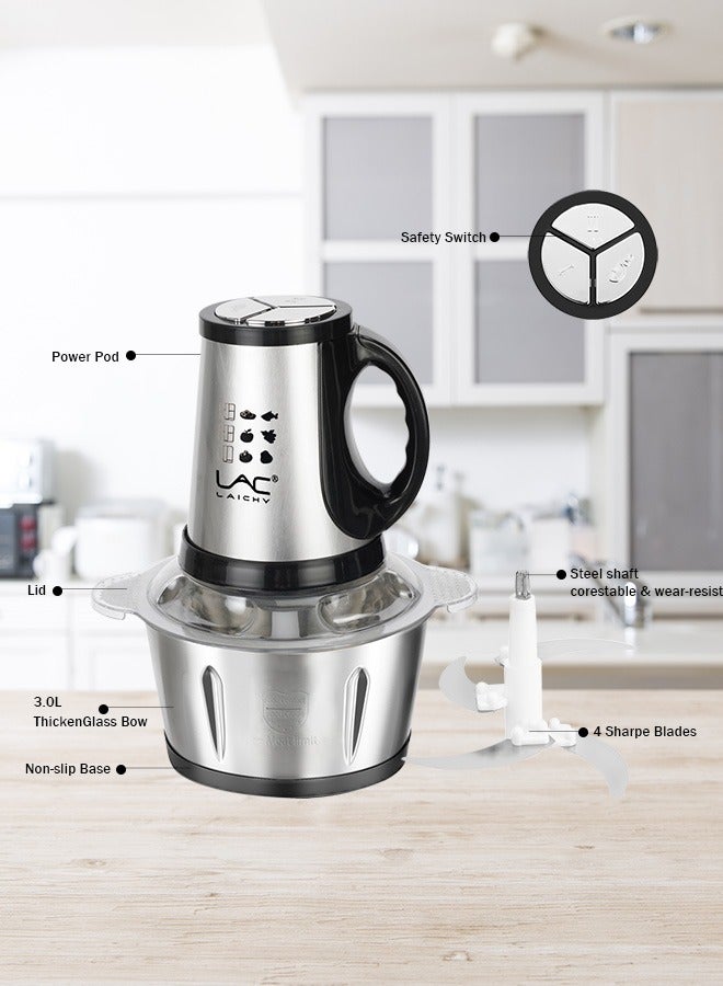 Electric Food Chopper, 3L Meat Grinder 3 Speeds Food Processor Stainless Steel  Food Processor Elegant Slicer With Integrated 4-Sharp Blades And Child Safety Lock