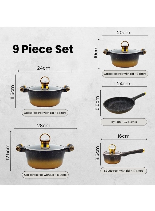 Luxurious Diamond Diecast 9-Piece Cookware Set: Advanced Nano Technology Non-Stick Surface, Oil-Free Cooking, Superior Heat Distribution, Dishwasher Safe, Organic Design with Elegant Black Finish