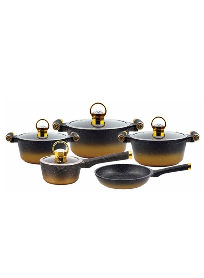 Luxurious Diamond Diecast 9-Piece Cookware Set: Advanced Nano Technology Non-Stick Surface, Oil-Free Cooking, Superior Heat Distribution, Dishwasher Safe, Organic Design with Elegant Black Finish