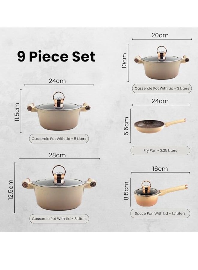 Luxurious Diamond Diecast 9-Piece Cookware Set, Cream - Nano Diamond Reinforced Non-Stick Surface, Oil-Free Cooking, Superior Heat Distribution, Dishwasher Safe, Organic Design in Elegant Cream Finish