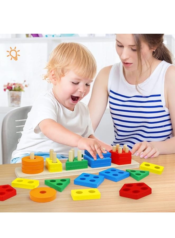 Montessori Toys for 1 to 3 Year Old Boys, Girls & Toddlers - Wooden Shape Sorter & Stacking Toys for Toddlers - Developmental, Learning & Educational Toys, Color Recognition Stacker, Baby Puzzles Gift