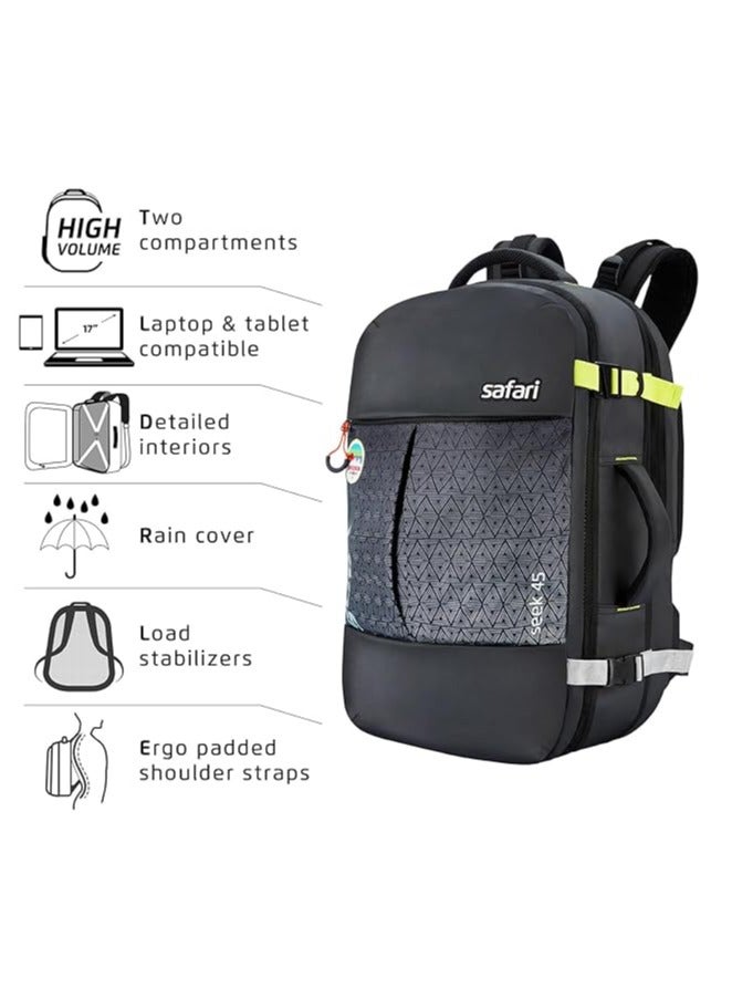 Safari Seek 45L Expandable Overnighter Laptop Backpack with Suitcase Compartment, Compression Straps & Raincover, Travel Bag for Men and Women, Ideal for Outdoor Use, Office, College, Color – Black