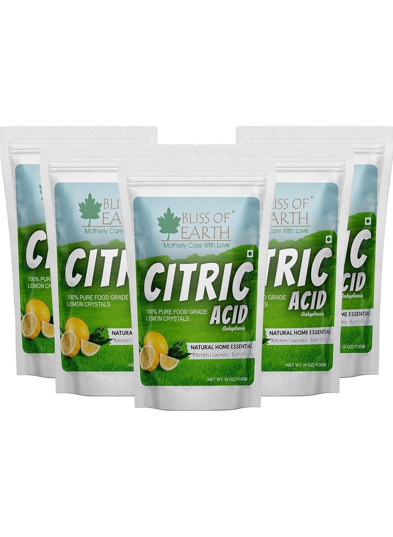 Bliss of Earth 4 oz Anhydrous Citric Acid Powder For Food Bath Bombs Cleaning and Preserving 113GM Pack of 5