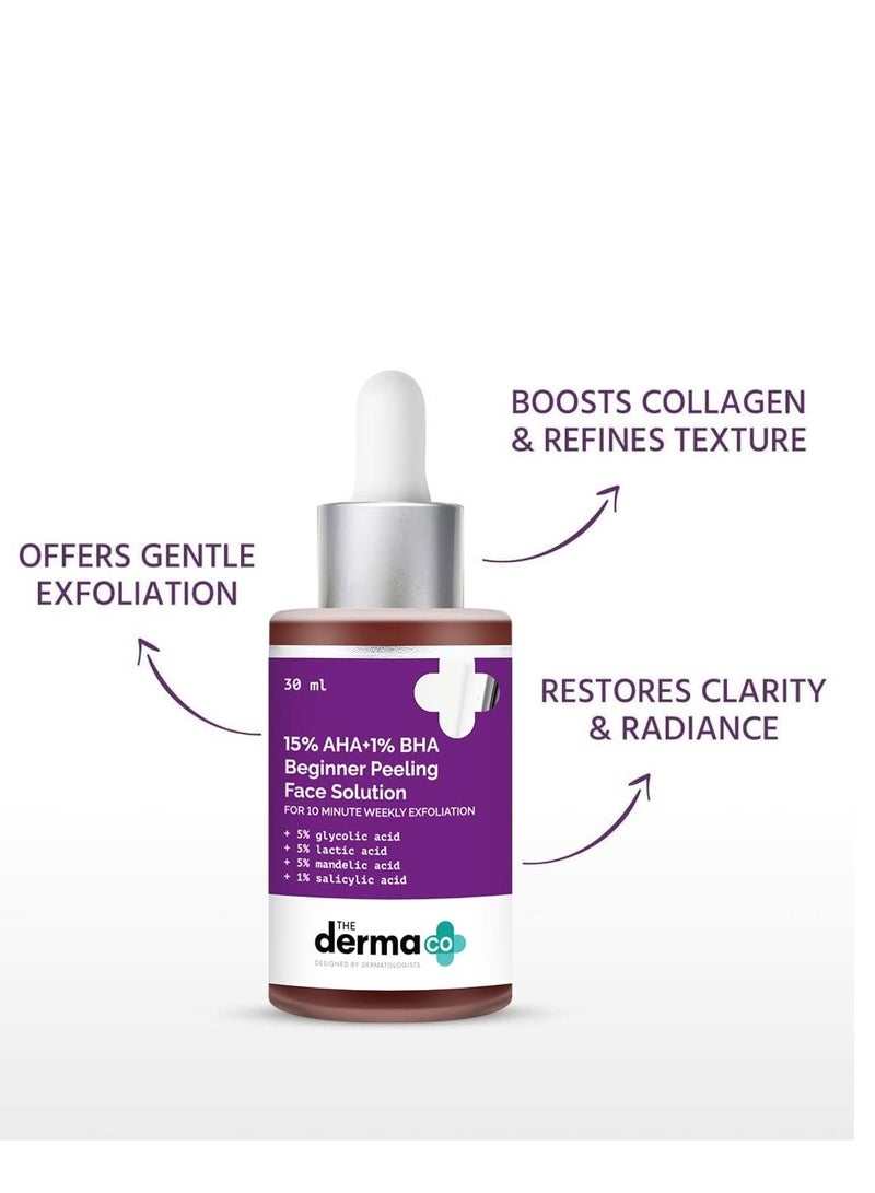 The Derma Co 15% AHA + 1% BHA Beginner Repairing, Radiant Skin, Exfoliating, Removes Impurities Face Peeling Solution for 10-Minute Weekly Exfoliation - 30 ml