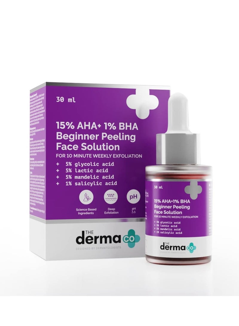 The Derma Co 15% AHA + 1% BHA Beginner Repairing, Radiant Skin, Exfoliating, Removes Impurities Face Peeling Solution for 10-Minute Weekly Exfoliation - 30 ml