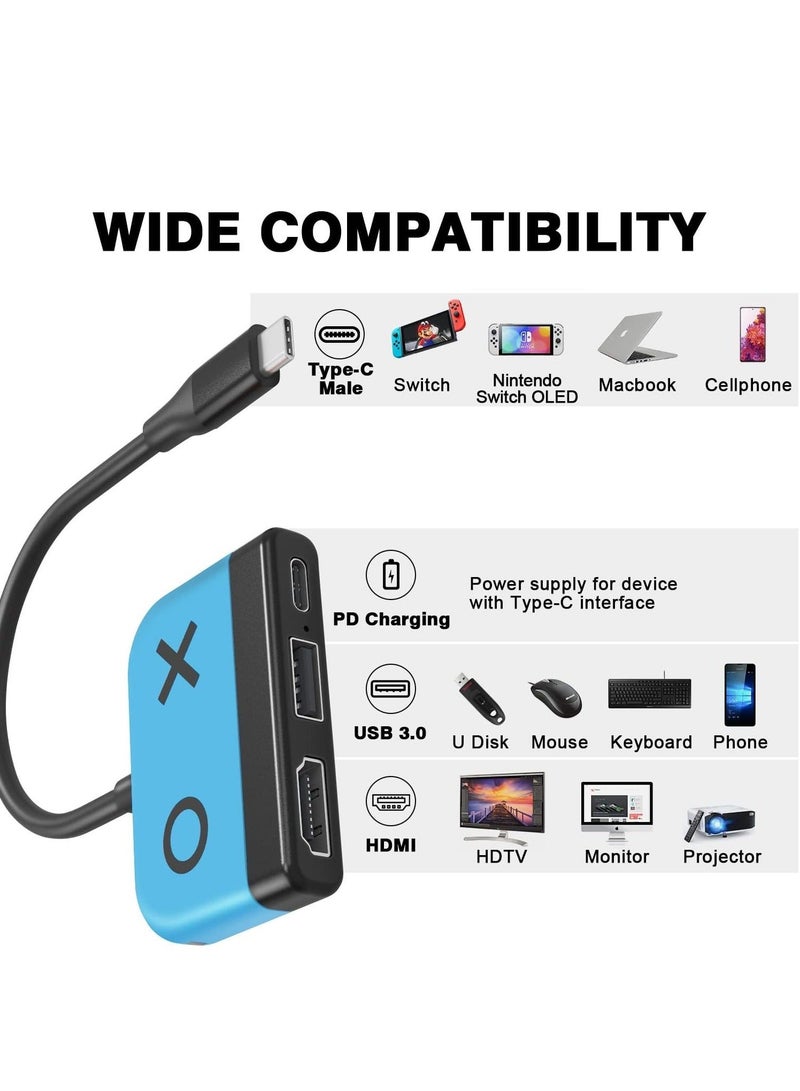 Portable TV Dock, Nintendo Switch Dock with HDMI USB 3.0 Port and USB-C Charging, Travel Dock for Nintendo Switch/Steam Deck (Blue)