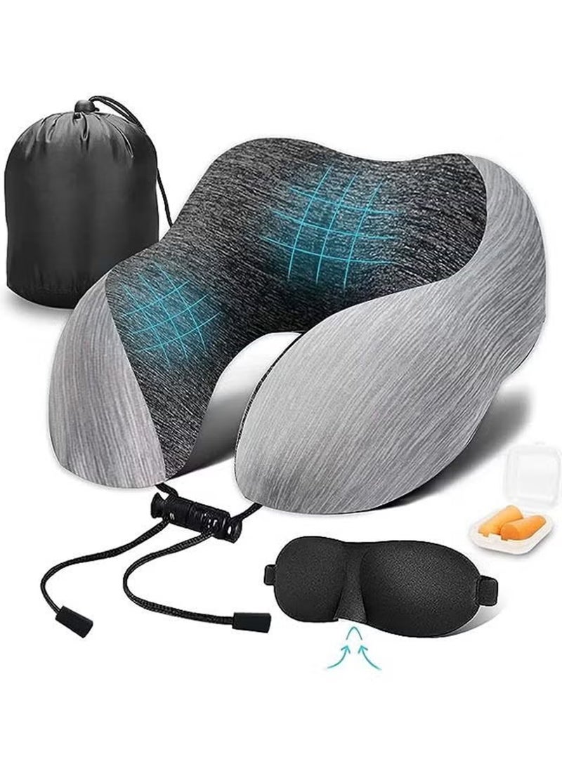 Travel Pillow 100% Memory Foam Pillow, Neck Pillow for Airplane, Neck & Head Support Pillow for Sleeping Rest & Car, Travel Pillows Kit with Storage Bag, Sleep Mask and Earplugs